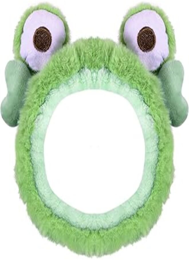 Miroksh - عصابة رأس Miroksh Kawaii Fluffy Spa Headband على شكل ضفدع أخضر لطيف للنساء والفتيات لغسل الوجه والمكياج وحفلات الأطفال، إكسسوار شعر إبداعي من الصوف المرجاني الناعم هدية - Image 1
