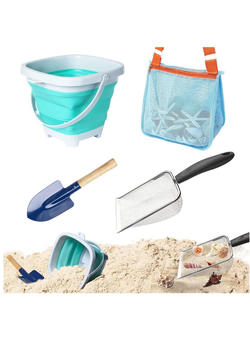 DAILYCHIC 4 Pack Beach Toy, Mesh Shovel and Mesh Beach Bag Seashell Bag with Foldable Beach Bucket & Shovel for Shells Collecting,Sand Sifter Kids Filter Sand Scooper - Image 1