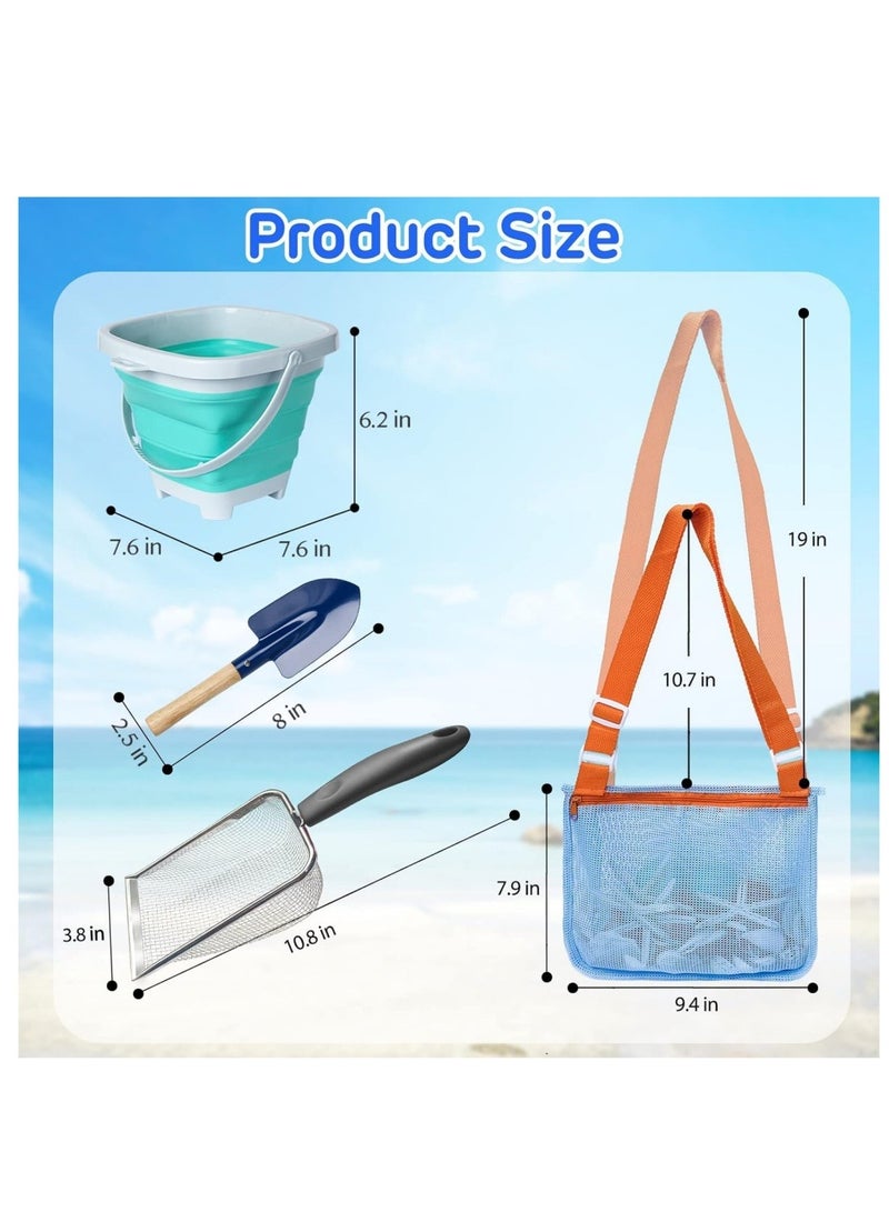 DAILYCHIC 4 Pack Beach Toy, Mesh Shovel and Mesh Beach Bag Seashell Bag with Foldable Beach Bucket & Shovel for Shells Collecting,Sand Sifter Kids Filter Sand Scooper - Image 2