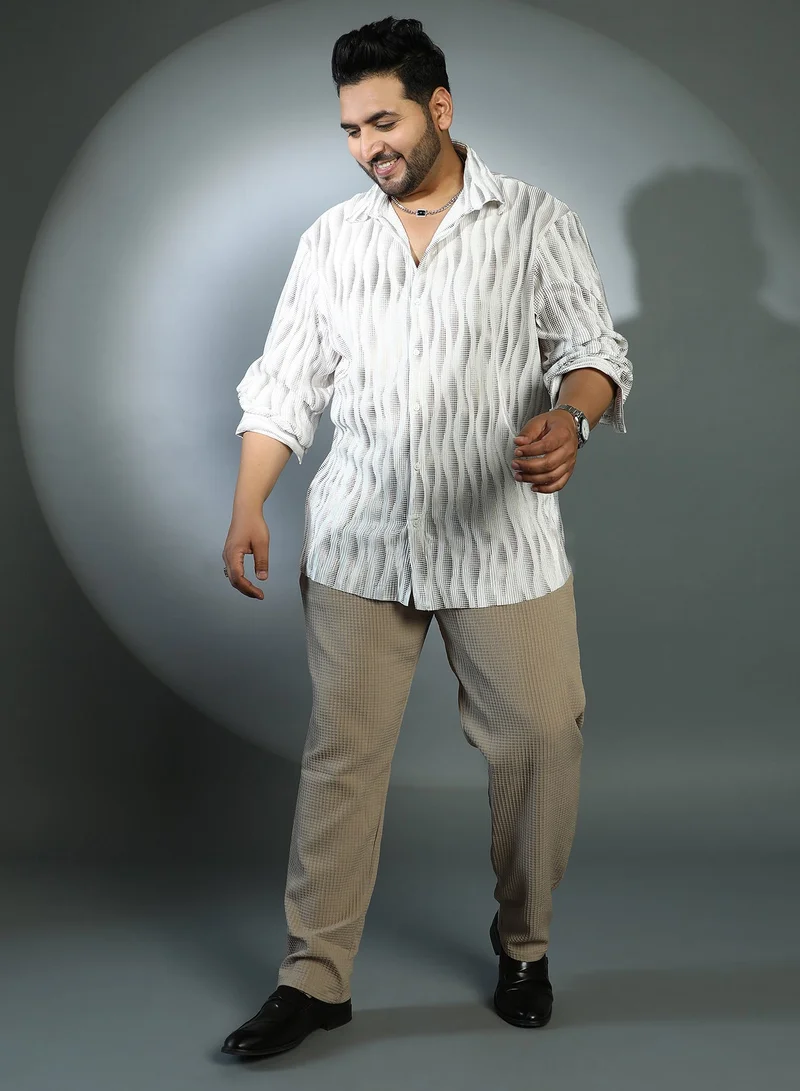 Instafab Plus  Instafab Plus Men's Ivory White & Chocolate Brown Prismic-Swirl Shirt For Casual Wear | Cuban Collar | Long Sleeves | Button Closure | Plus Size Shirt Crafted With Comfort Fit For Everyday Wear for Men | Best Price UAE