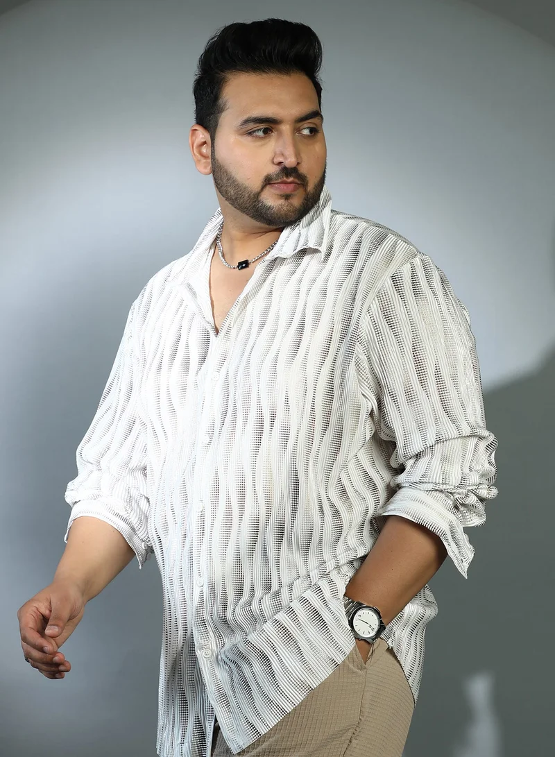 Instafab Plus  Instafab Plus Men's Ivory White & Chocolate Brown Prismic-Swirl Shirt For Casual Wear | Cuban Collar | Long Sleeves | Button Closure | Plus Size Shirt Crafted With Comfort Fit For Everyday Wear for Men | Best Price UAE