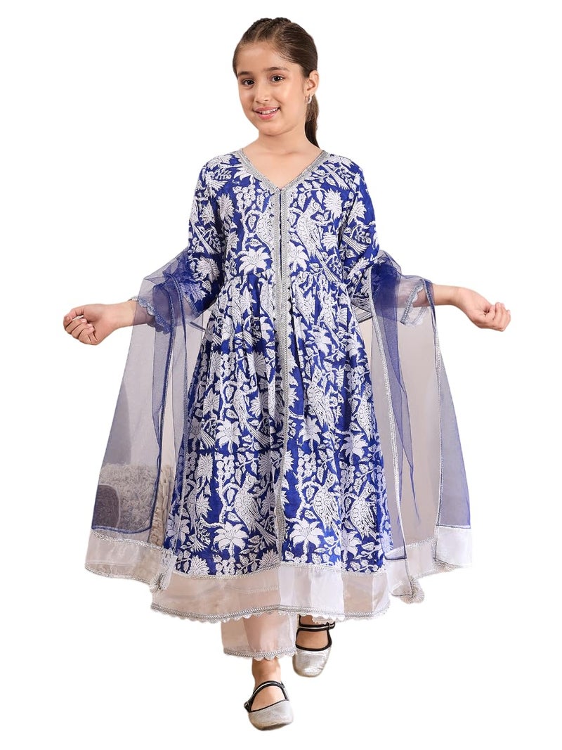 Pspeaches Girls Cotton 3/4th Sleeves V-Neck Printed Kurta And Pant With Dupatta 3 Piece Set|Ethnic Wear For Kids Girls|Traditional & Festive Outfit 10-12 Year Blue & White - Image 1