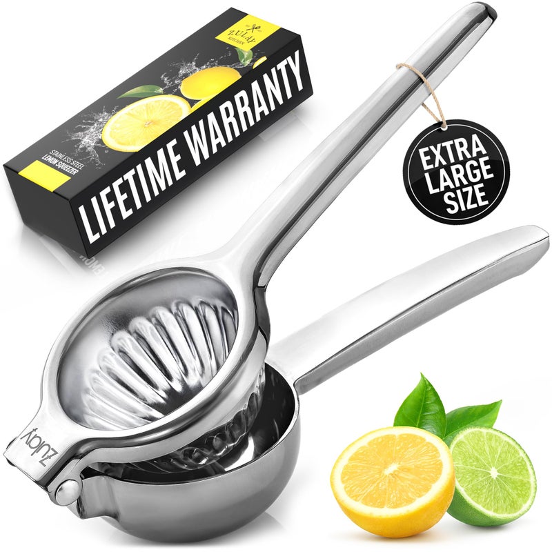 Zulay Extra Large Lemon Squeezer Stainless Steel  Easy Squeeze Heavy Duty Lemon Juicer Hand Press  Ergonomic Citrus Squeezer  Fruit Juicer for Small Oranges Lemons  Limes