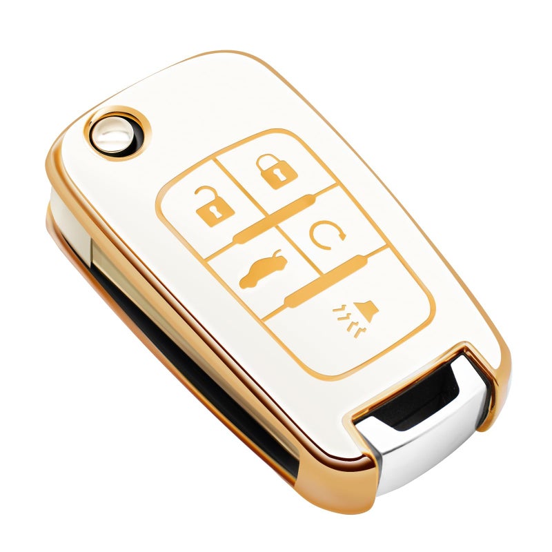 FEYOUN Key Fob Cover Compatible with Chevy Chevrolet Equinox Camaro Cruze Malibu Sonic Volt Spark Impala Buick Encore Allure TPU Remote Keyless Key Fob Case Protection Shell Accessories White