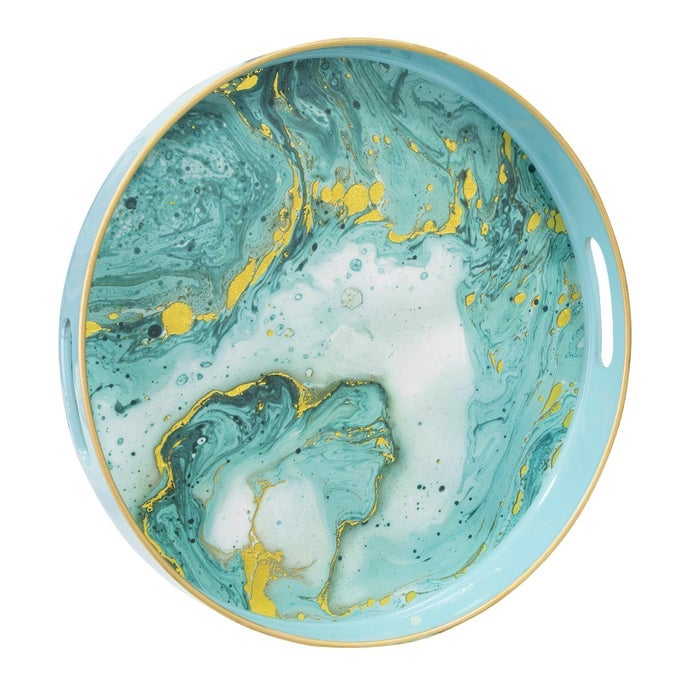 TURQUOISE DECORATIVE TRAY FOR COFFEE TABLE 13 MODERN MARBLING SERVING TRAY WITH HANDLES PLASTIC ROUND TRAY FOR OTTOMAN BATHROOM STORAGE