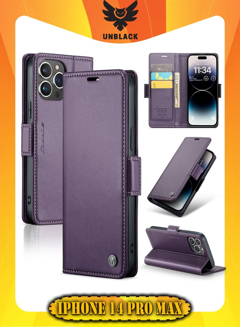 CaseMe Flip Wallet Case For Apple iPhone 14 Pro Max, [RFID Blocking] PU Leather Wallet Flip Folio Case with Card Holder Kickstand Shockproof Phone Cover (Purple) - Image 1