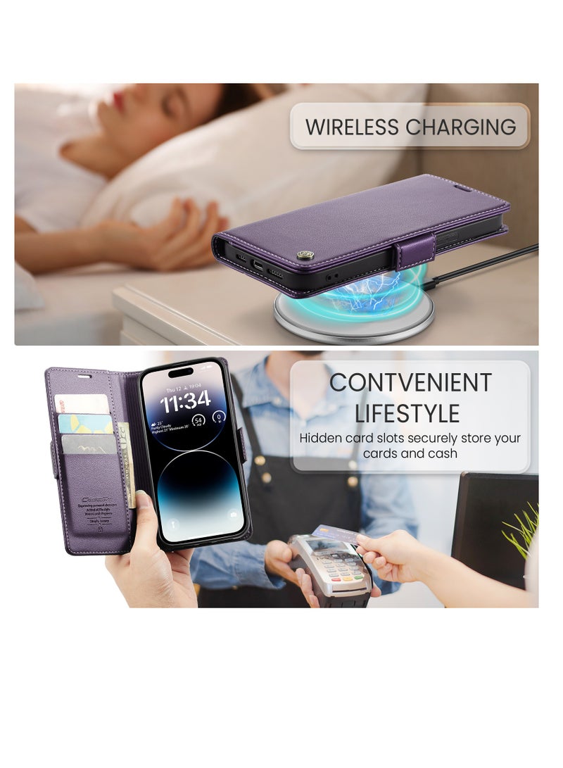 CaseMe Flip Wallet Case For Apple iPhone 14 Pro Max, [RFID Blocking] PU Leather Wallet Flip Folio Case with Card Holder Kickstand Shockproof Phone Cover (Purple) - Image 5