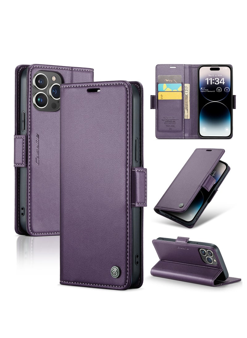 CaseMe Flip Wallet Case For Apple iPhone 14 Pro Max, [RFID Blocking] PU Leather Wallet Flip Folio Case with Card Holder Kickstand Shockproof Phone Cover (Purple) - Image 2