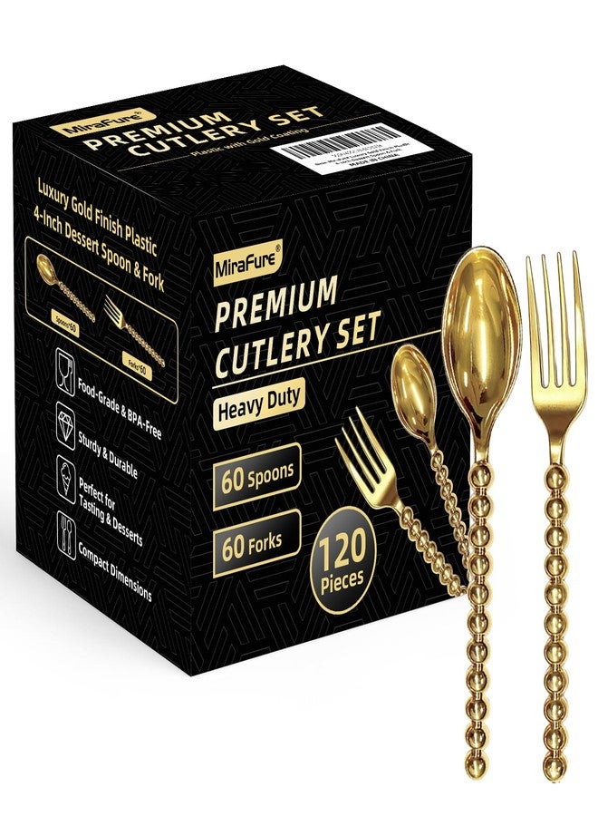 MiraFure Premium Gold Mini Dessert Utensils Set - 120-Piece (60 Forks & 60 Spoons) with Beaded Handle, 4.4 Inch BPA-Free Plastic, Appetizer Utensils for Parties, Charcuterie Boards & Tasting Events - Image 1