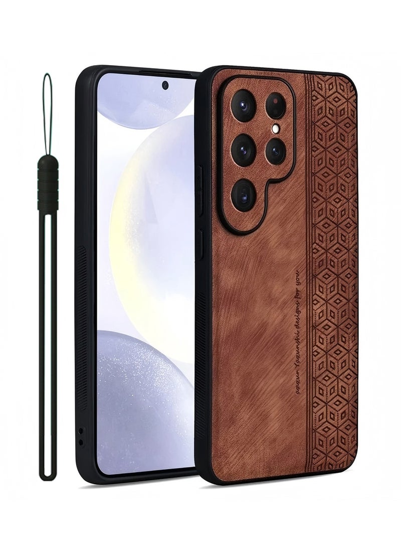 ICARLUS For Samsung Galaxy S25 Ultra Anti-scratch Phone Case Imprinted Leather Coated TPU Cover - Brown  - Image 1