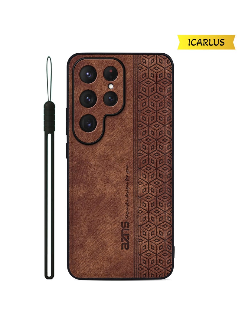 ICARLUS - For Samsung Galaxy S25 Ultra Anti-scratch Phone Case Imprinted Leather Coated TPU Cover - Brown - Image 1