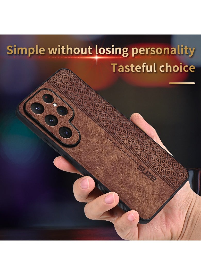 ICARLUS - For Samsung Galaxy S25 Ultra Anti-scratch Phone Case Imprinted Leather Coated TPU Cover - Brown - Image 1