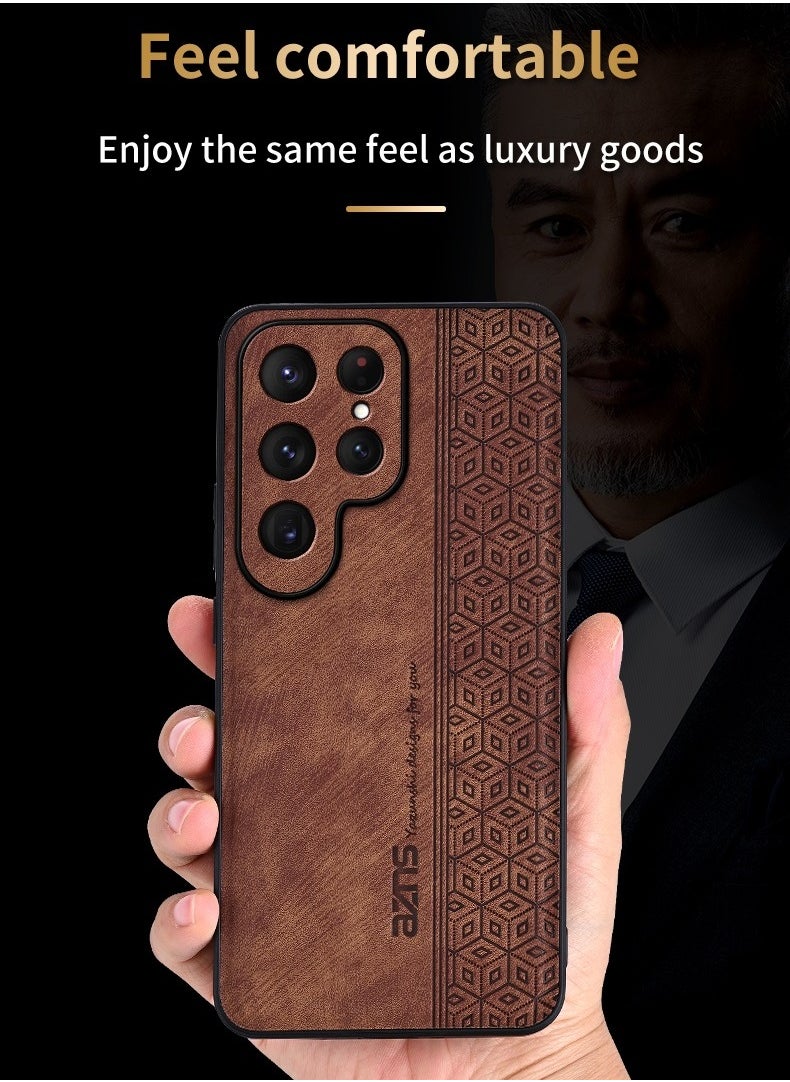ICARLUS - For Samsung Galaxy S25 Ultra Anti-scratch Phone Case Imprinted Leather Coated TPU Cover - Brown - Image 1
