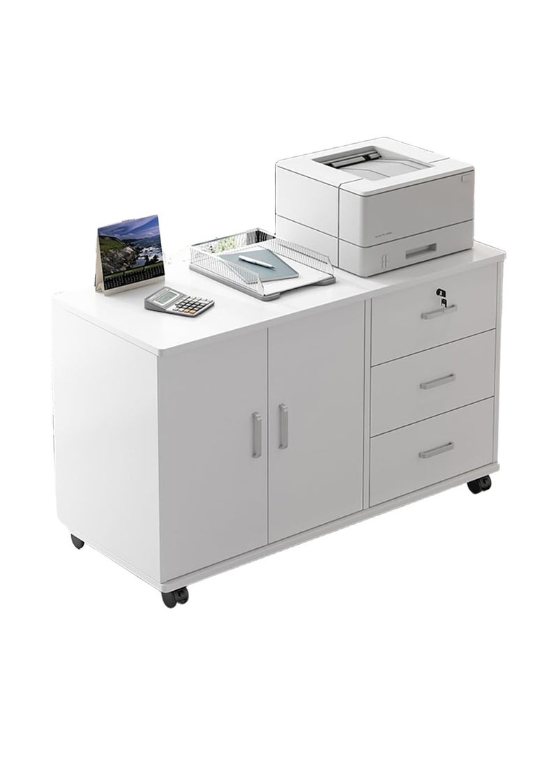 LEDIN Wooden Side Cabinet, Modern Storage Cabinet, Floor Document Cabinet with Wheels, Filing Cabinets, Office Cabinet with Lock (White, 90x34x59cm) - Image 1
