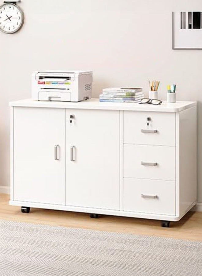 LEDIN Wooden Side Cabinet, Modern Storage Cabinet, Floor Document Cabinet with Wheels, Filing Cabinets, Office Cabinet with Lock (White, 90x34x59cm) - Image 5
