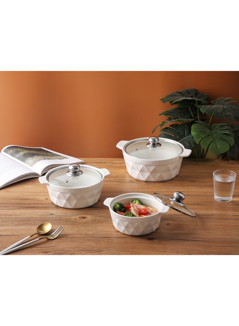 Dove 3-Piece Porcelain Soup Bowl Set With Glass Lid White/Silver; Small Bowl 8 Inch, Medium Bowl 9 Inch, Large Bowl 10.5 Inch