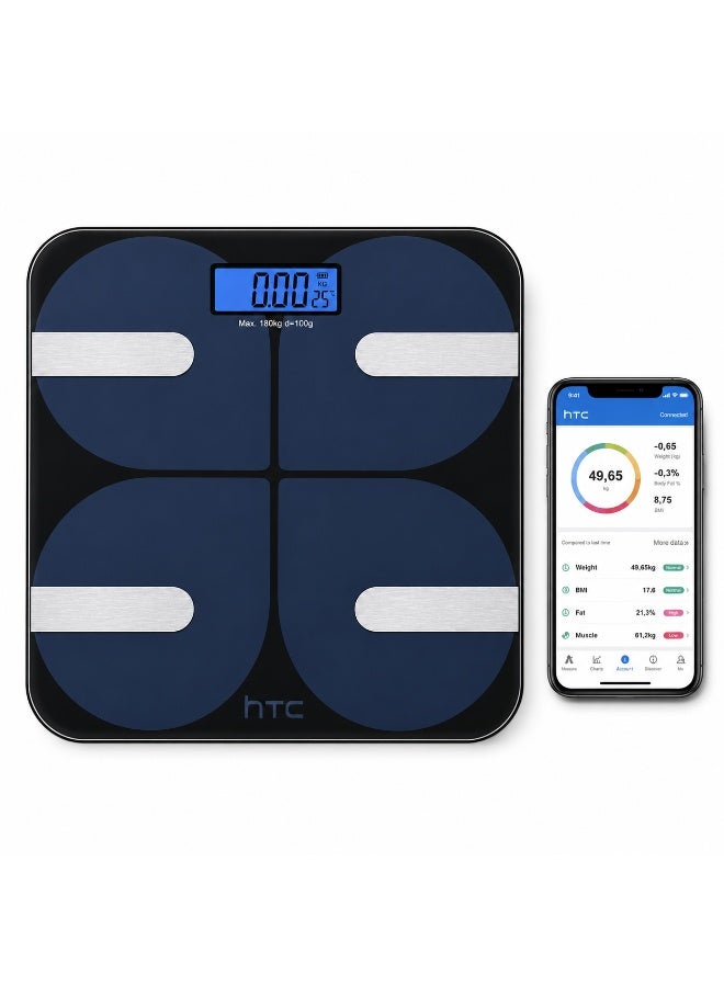 HTC Smart Bluetooth Body Fat & BMI Digital Weighing Scale with Mobile App Connectivity, 180kg Capacity, Tempered Glass Platform & LCD Display – Black - Image 1