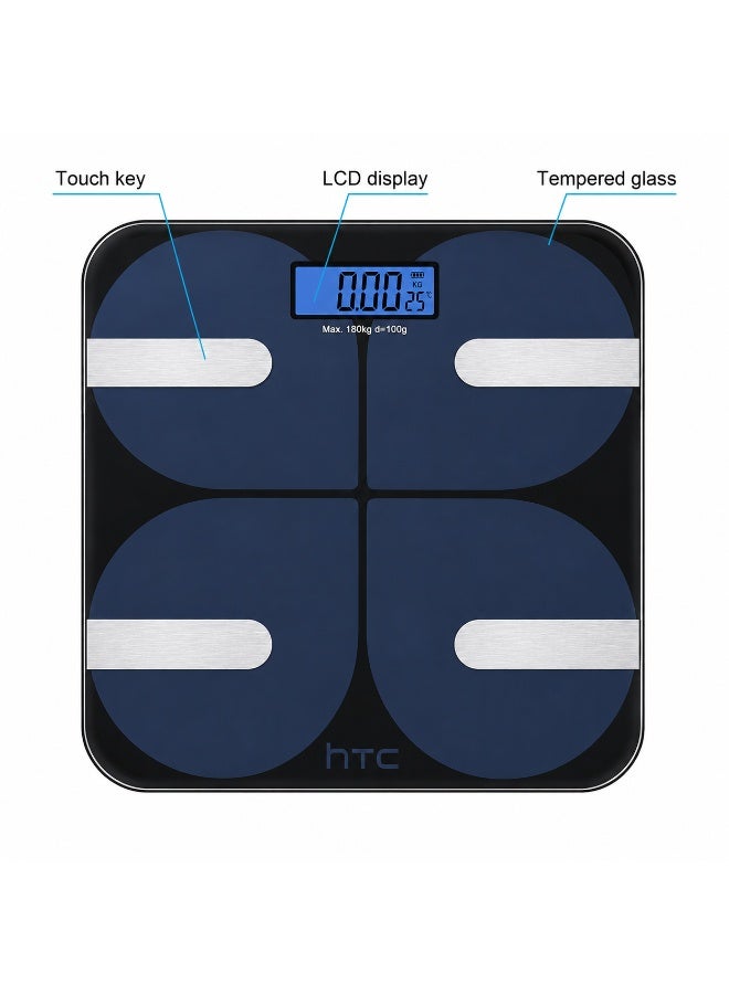 HTC Smart Bluetooth Body Fat & BMI Digital Weighing Scale with Mobile App Connectivity, 180kg Capacity, Tempered Glass Platform & LCD Display – Black - Image 2