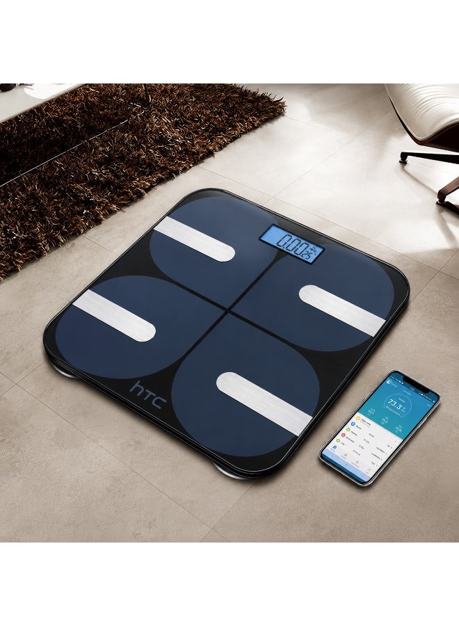 HTC Smart Bluetooth Body Fat & BMI Digital Weighing Scale with Mobile App Connectivity, 180kg Capacity, Tempered Glass Platform & LCD Display – Black - Image 3