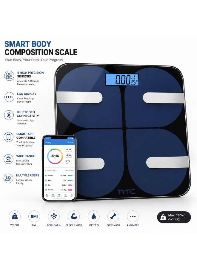 HTC Smart Bluetooth Body Fat & BMI Digital Weighing Scale with Mobile App Connectivity, 180kg Capacity, Tempered Glass Platform & LCD Display – Black - Image 4