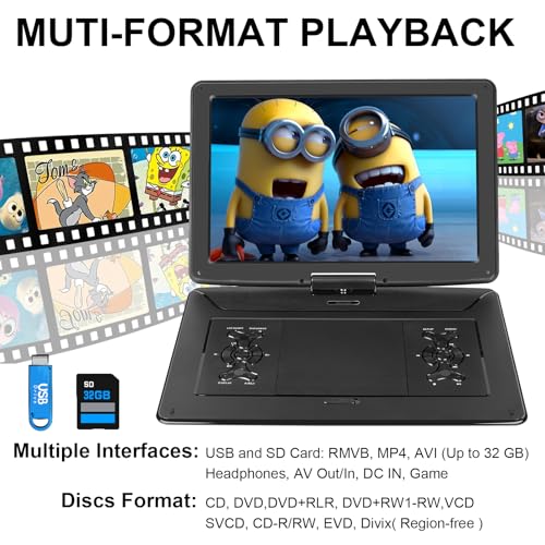 BOKYOK 17.9" Portable DVD Player with 15.6’’ Large HD Screen, 6Hrs Play, DVD Player Portable with Dual Speaker, Last Memory, Support SYNC TV/USB/SD Card, Play All Discs Format Except Blu-ray, Black - Image 4