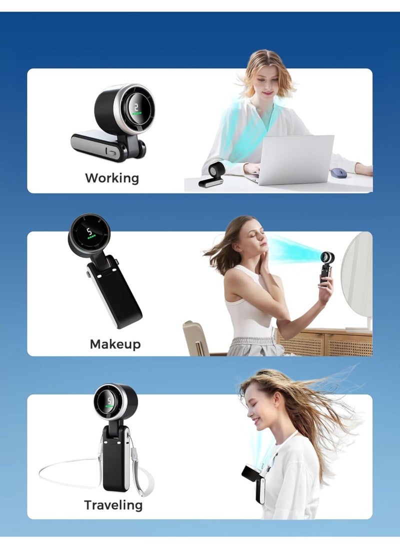 MOCOM Bladeless Rechargeable Handheld Fan – 5-Speed Turbo Cooling, 5000mAh USB Portable Mini Personal Fan with Digital Display, Safe for Kids, 11H Runtime, Neck/Wall/Desk Mount – Compact Travel Fan for Makeup, Office, Outdoor & Summer Use  - Image 4