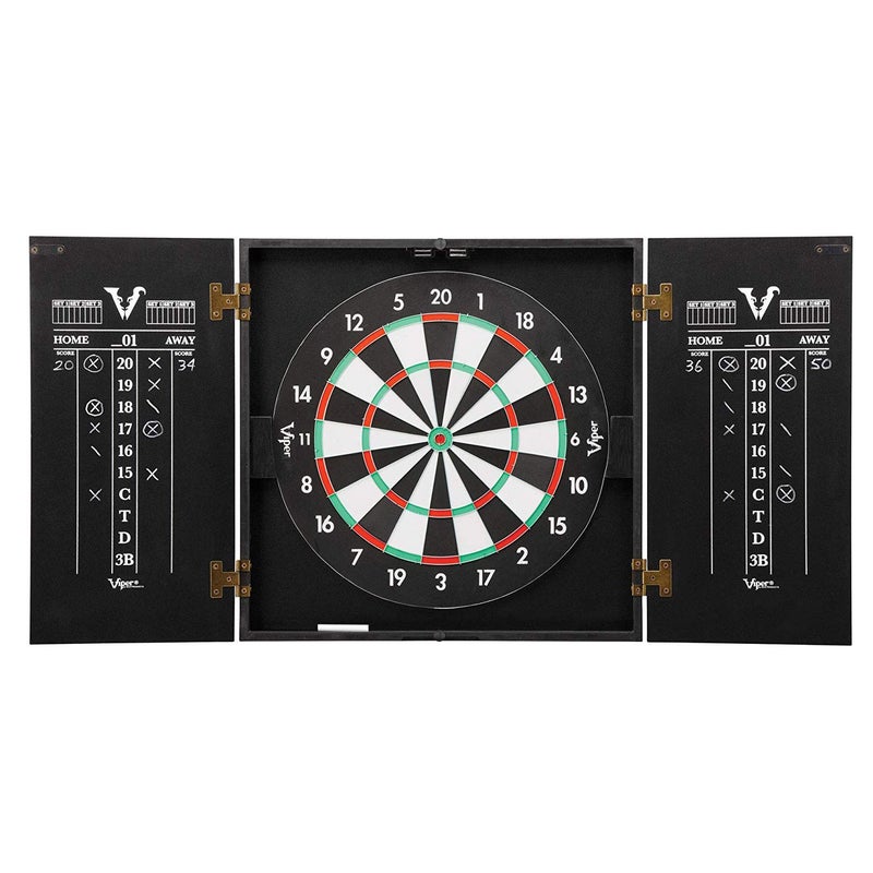 Viper Hideaway Dartboard Cabinet Set with Steel-Tip Dart Board, Reversible Board with Baseball Game Option, Two Sets of Darts, Chalk Scoreboards, and Matte Black Finish - Image 1