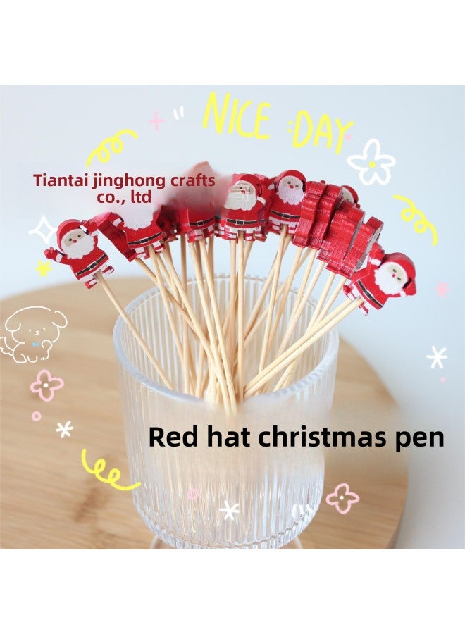 Disposable Bamboo Stick Single Red Hat Santa Claus Cocktail Decorative Bamboo Stick-color:Old Man With Raised Hands 100 Pieces/pack-Specifications:12cm 100 Pieces/pack  - Image 1