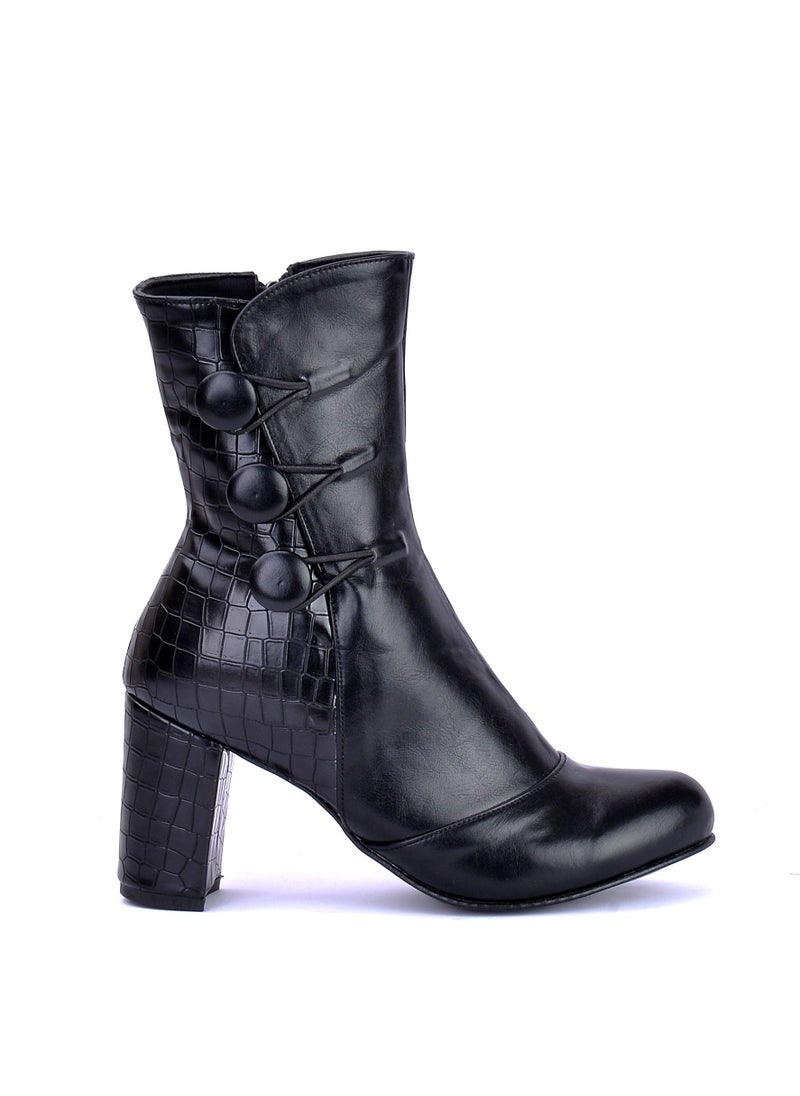LIFESTYLISH Lifestylesh R-3 Zayer Ornament Leather Heeled Boots Stylish - Black  - Image 1