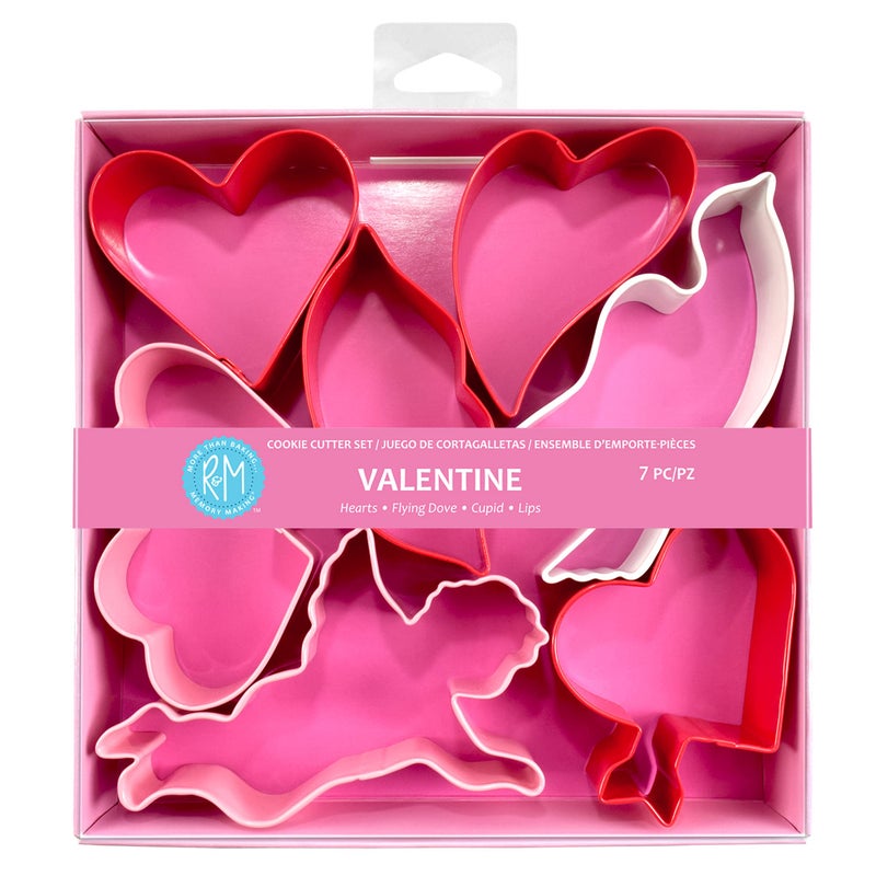RM Valentine Cookie Cutter Set Includes 7 Shapes Heart Double Heart Arrow Dove Lips Cupid Cookie Cutter Red Pink White Polyresin Coated