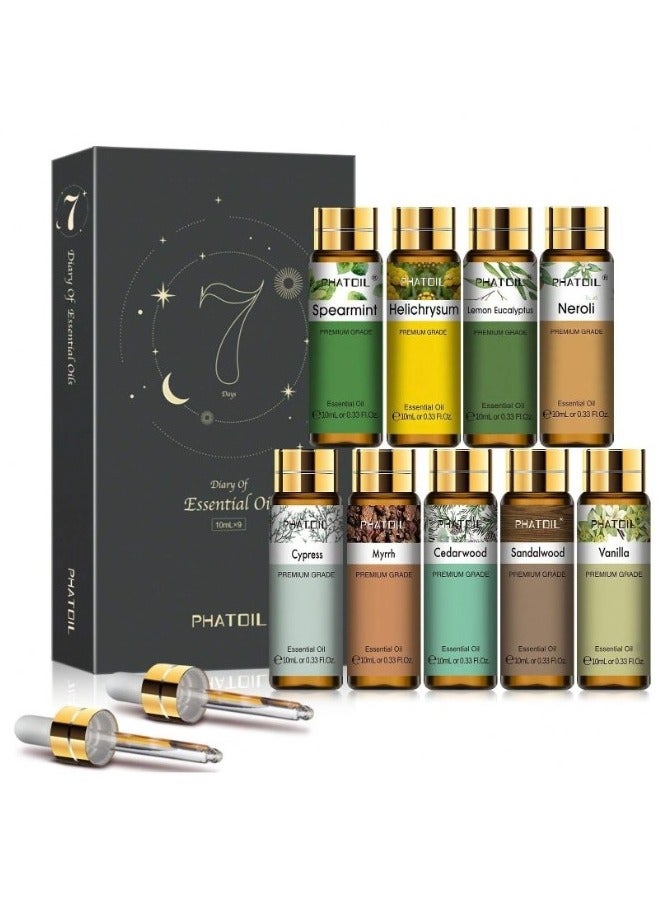 PHATOIL A set of aromatic oils with 9 different types, essential aromatic oils, each bottle 10ml, for fragrance, candle making, soap making, incense, moisturizers, massage, and bathing. A set of essential fragrances:  Vanilla Sandalwood Fir Cypress Myrrh Bitter Orange Helichrysum Camphor Lemon Basil - Image 1