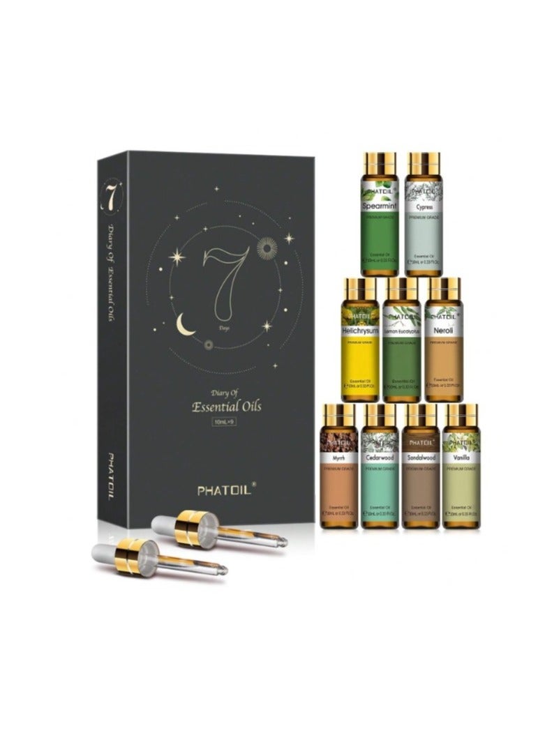 PHATOIL A set of aromatic oils with 9 different types, essential aromatic oils, each bottle 10ml, for fragrance, candle making, soap making, incense, moisturizers, massage, and bathing. A set of essential fragrances:  Vanilla Sandalwood Fir Cypress Myrrh Bitter Orange Helichrysum Camphor Lemon Basil - Image 2