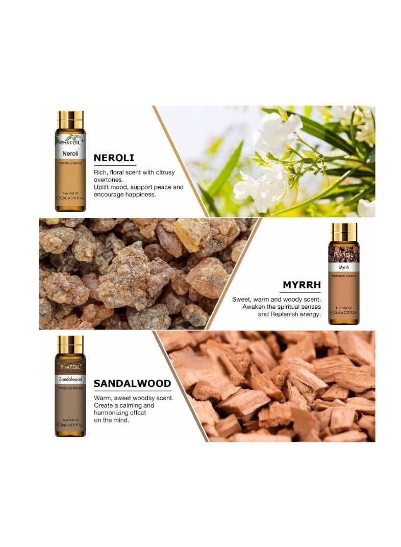 PHATOIL A set of aromatic oils with 9 different types, essential aromatic oils, each bottle 10ml, for fragrance, candle making, soap making, incense, moisturizers, massage, and bathing. A set of essential fragrances:  Vanilla Sandalwood Fir Cypress Myrrh Bitter Orange Helichrysum Camphor Lemon Basil - Image 5