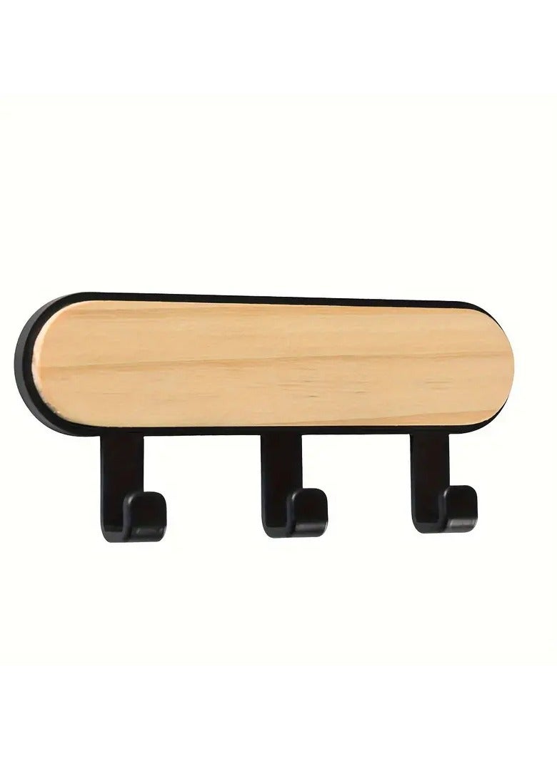 One Piece With 3 J Hooks Black Color Wooden Adhesive Without Drilling Or Nails Scandinavian Design Easy Installation Plastic Fixing On The Wall Or Behind The Apartment Door Or At The Entrance To Hang Keys Coats Hats Umbrellas And Even In The Kitchen To Hang Cooking Utensils Black And Wooden Color - Image 1
