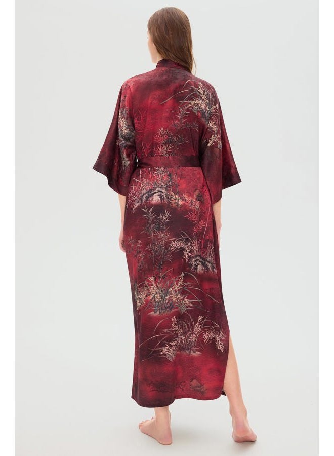 ProDesign Kimono Robes for Women - Long Silky Sleepwear Nightgown Bathrobe Floral Dressing Gowns Blouse Bride Bridesmaid Robe, Bamboo Red, One size - Image 4