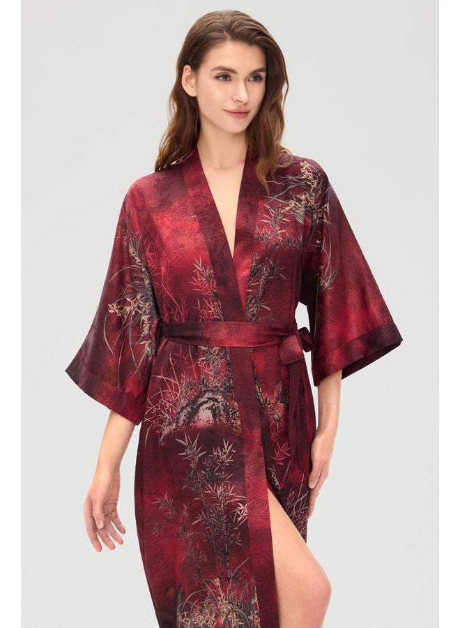 ProDesign Kimono Robes for Women - Long Silky Sleepwear Nightgown Bathrobe Floral Dressing Gowns Blouse Bride Bridesmaid Robe, Bamboo Red, One size - Image 5