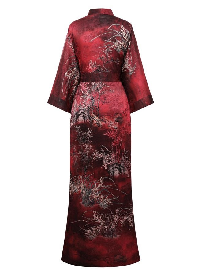 ProDesign Kimono Robes for Women - Long Silky Sleepwear Nightgown Bathrobe Floral Dressing Gowns Blouse Bride Bridesmaid Robe, Bamboo Red, One size - Image 2
