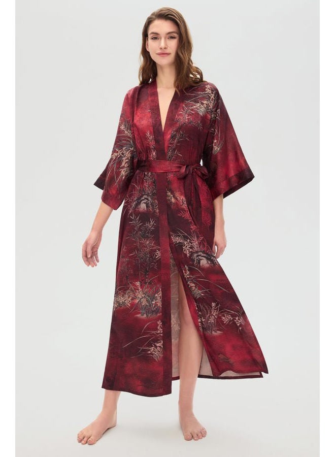 ProDesign Kimono Robes for Women - Long Silky Sleepwear Nightgown Bathrobe Floral Dressing Gowns Blouse Bride Bridesmaid Robe, Bamboo Red, One size - Image 3