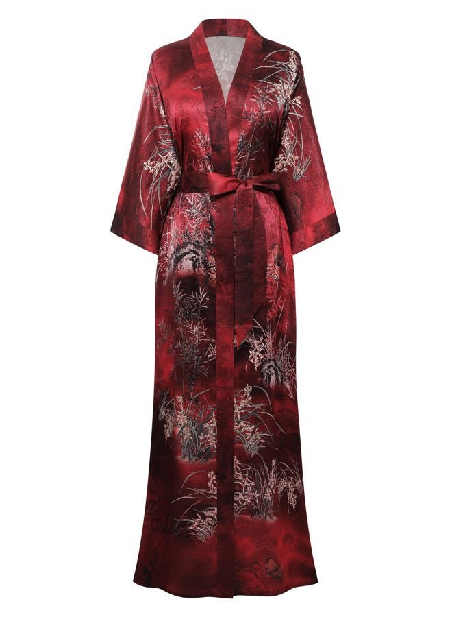 ProDesign Kimono Robes for Women - Long Silky Sleepwear Nightgown Bathrobe Floral Dressing Gowns Blouse Bride Bridesmaid Robe, Bamboo Red, One size - Image 1