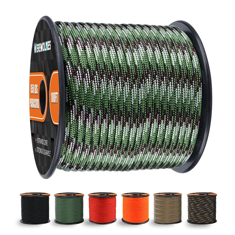 WEREWOLVES 650lb Paracord/Parachute Cord - 9 Strand Paracord Rope - 100', 200' Spools of Parachute Cord, Type III Paracord for Camping, Survival (Army Green Camo, 100 Feet) - Image 1
