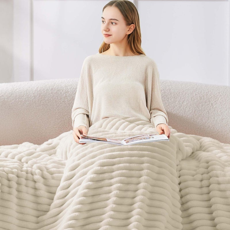 BEDELITE Fleece Throw Blanket for Couch - 300GSM Soft & Warm Fluffy Beige Blanket, Decorative and Giftable Striped Blankets for Women, Men, 50"x70" - Image 3