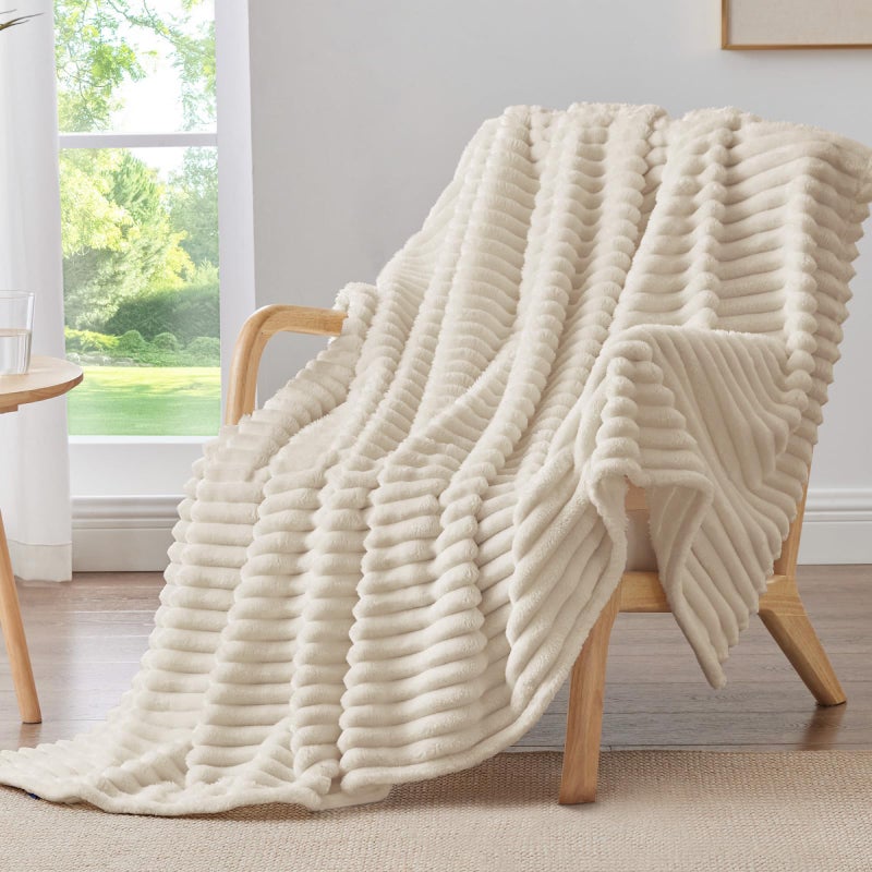 BEDELITE Fleece Throw Blanket for Couch - 300GSM Soft & Warm Fluffy Beige Blanket, Decorative and Giftable Striped Blankets for Women, Men, 50"x70" - Image 1
