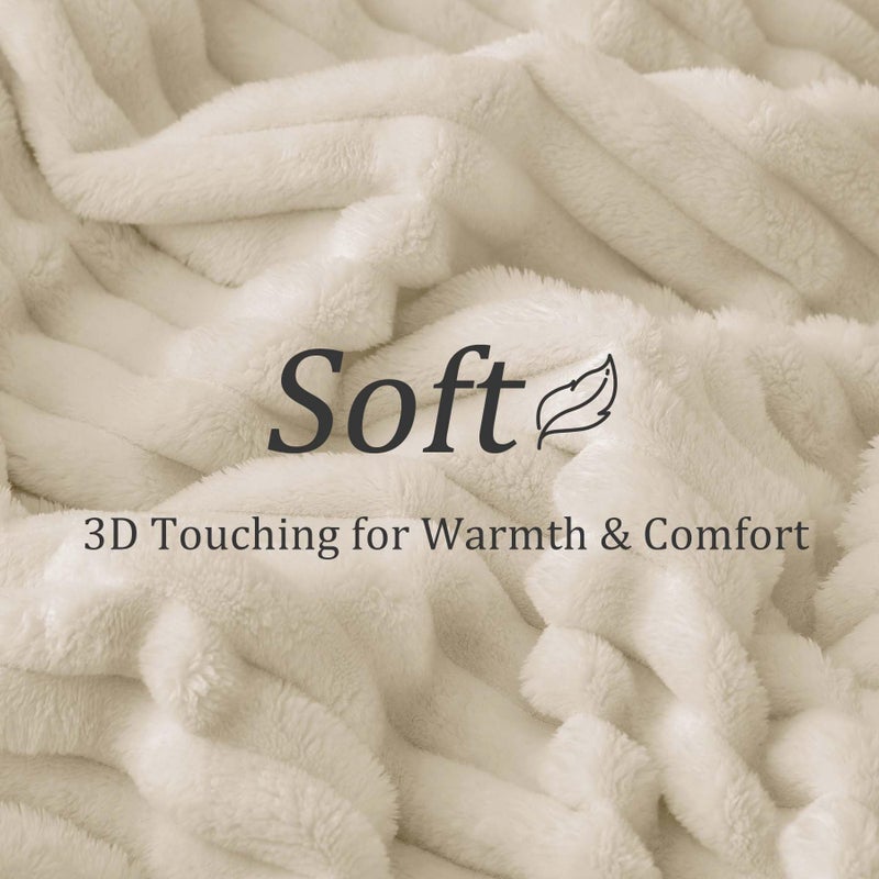 BEDELITE Fleece Throw Blanket for Couch - 300GSM Soft & Warm Fluffy Beige Blanket, Decorative and Giftable Striped Blankets for Women, Men, 50"x70" - Image 5