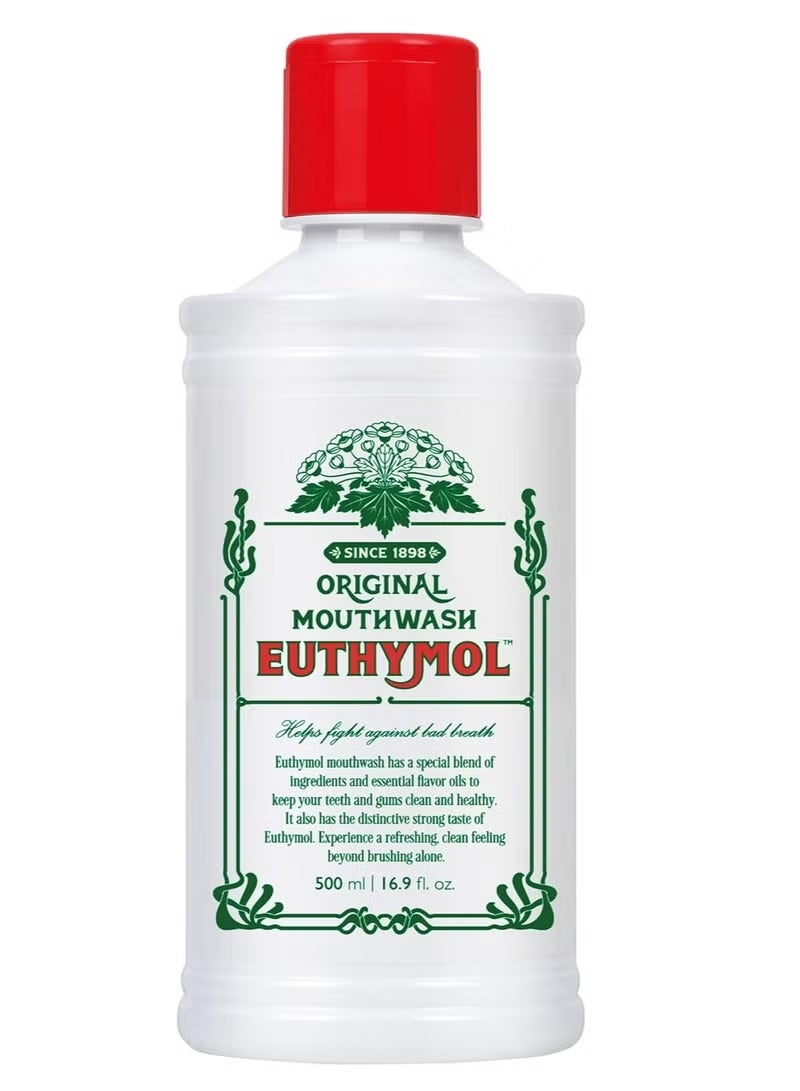 Euthymol Mouthwash Original 500ml, Fluoride Free Alcohol-Free, Distinctive Strong Taste Flavour, Reduce Plaque Gingival Clean Healthy Teeth Gums, Freshens Breath Refreshing Daily Oral Dental Care - Image 1