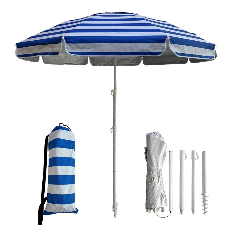 LOTTAFUN 6ft Beach Umbrella - Heavy Duty Wind Resistant UV 50+ Portable Sun Shade with Sand Anchor & Carry Bag, Outdoor Folding Umbrella for Beach, Pool, Patio, Garden (Blue strip) - Image 1