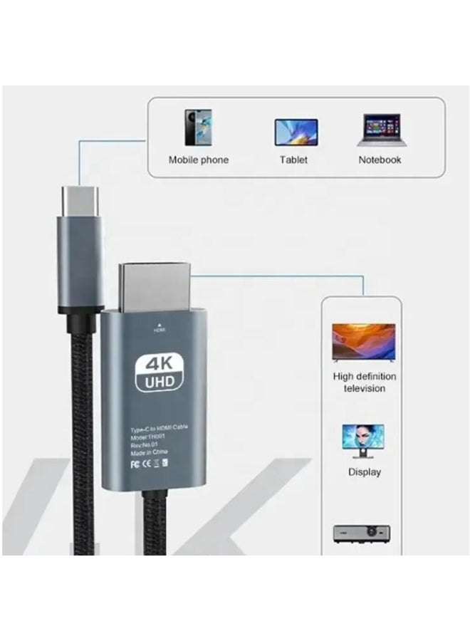 TEXEEM Type-C to HDMI Cable, 4K UHD Video Adapter, 2M Aluminum Alloy Housing, Compatible with Mobile Phone, Laptop, Projector - Image 3