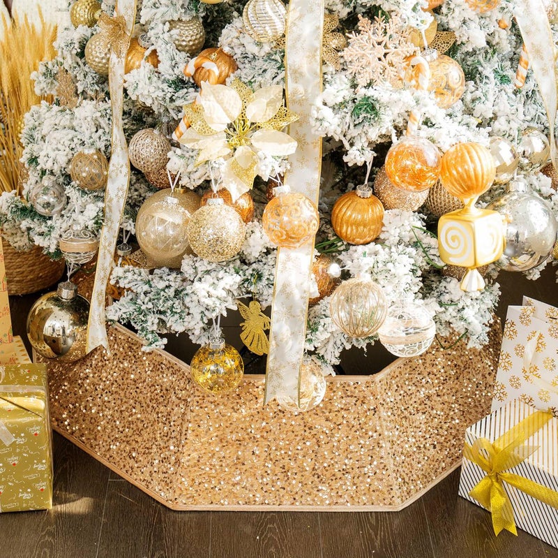 XmasExp Christmas Tree Collar 335 inch Sequin Tree Skirt Stand Base Cover for Home Decor Large Size 6 Piece Champagne Gold