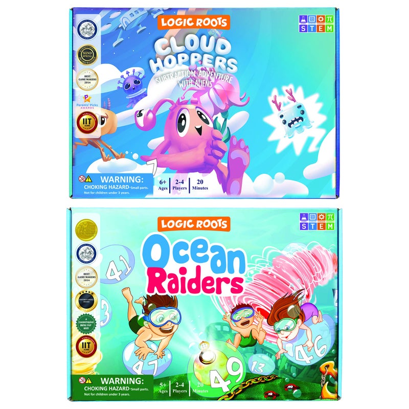 Logic Roots Addition and Subtraction Games - Pack of 2, Ocean Raiders and Cloud Hoppers, Math Board Games & STEM Toys for 6-8 Year Olds, Educational Gift for Kids, Homeschoolers, Kindergarten and Up - Image 1