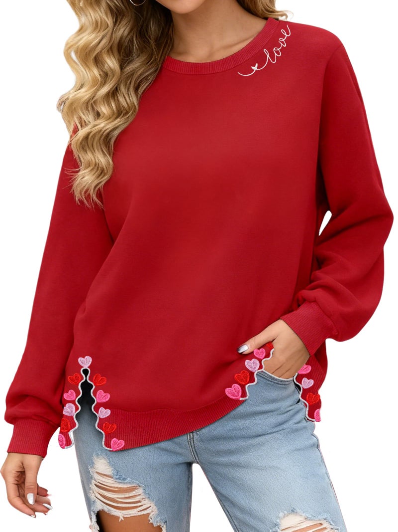 PECHAR Valentine Sweatshirts Women Love Valentines Shirts Embroidered Crewneck Long Sleeve Tops With Side Heart Applique - Image 1