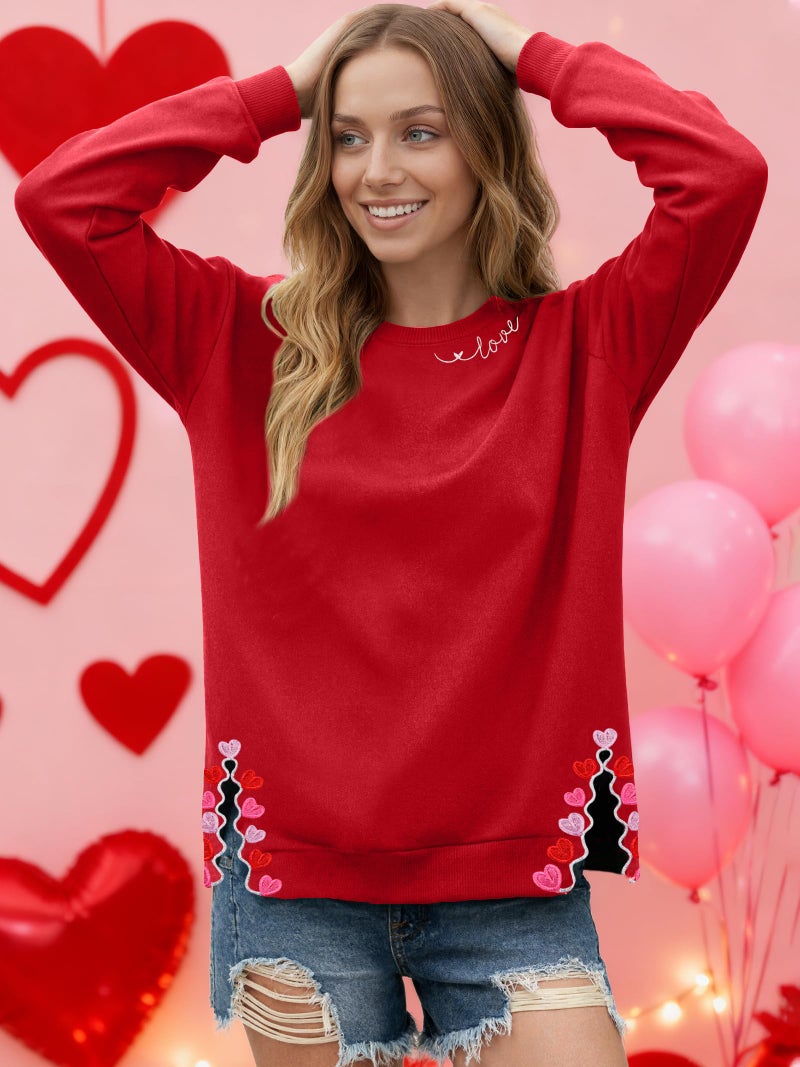 PECHAR Valentine Sweatshirts Women Love Valentines Shirts Embroidered Crewneck Long Sleeve Tops With Side Heart Applique - Image 4